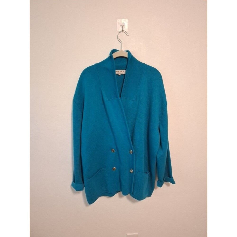 Vintage Brettles teal blue double breasted collared cardigan Size L & 100% Wool